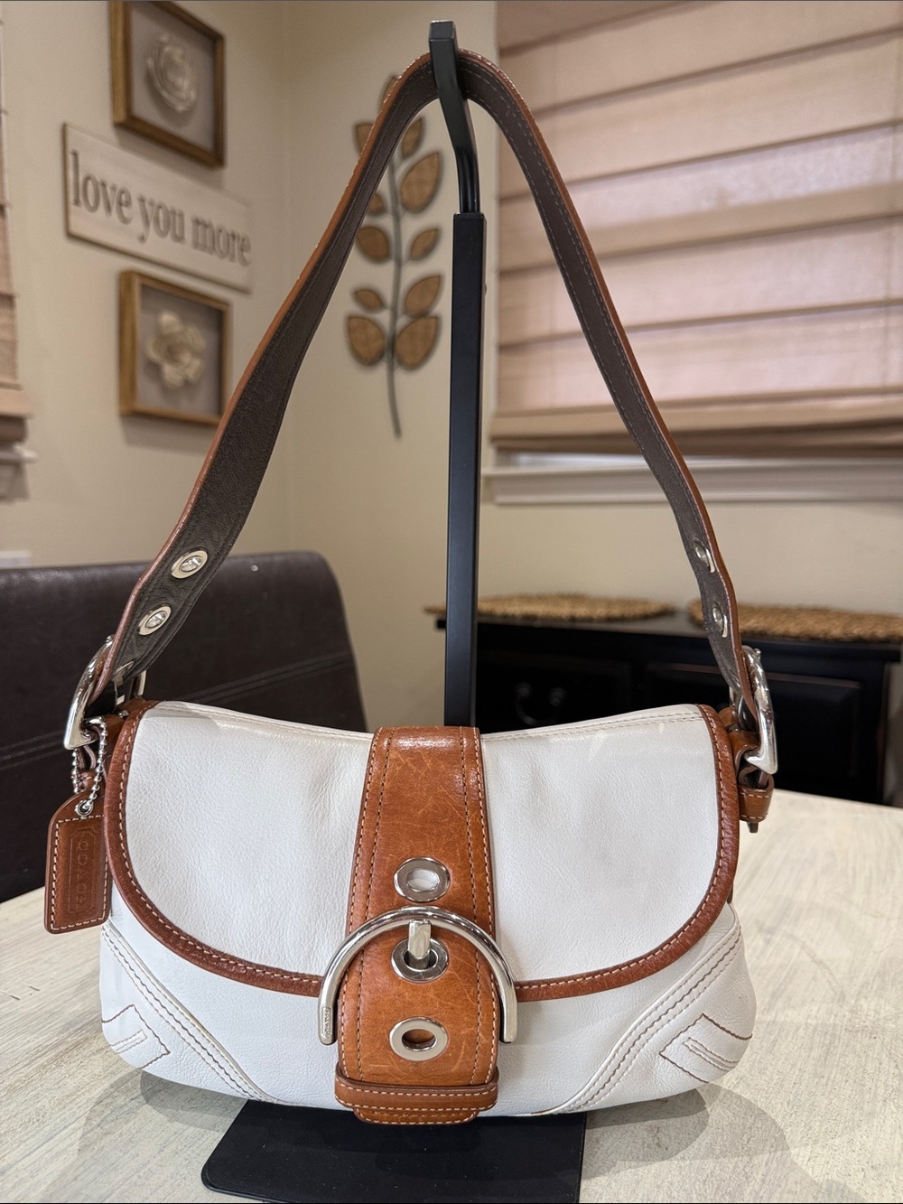 Coach Y2K White and Brown Leather Buckle-Flap Small Hobo Bag- F10188